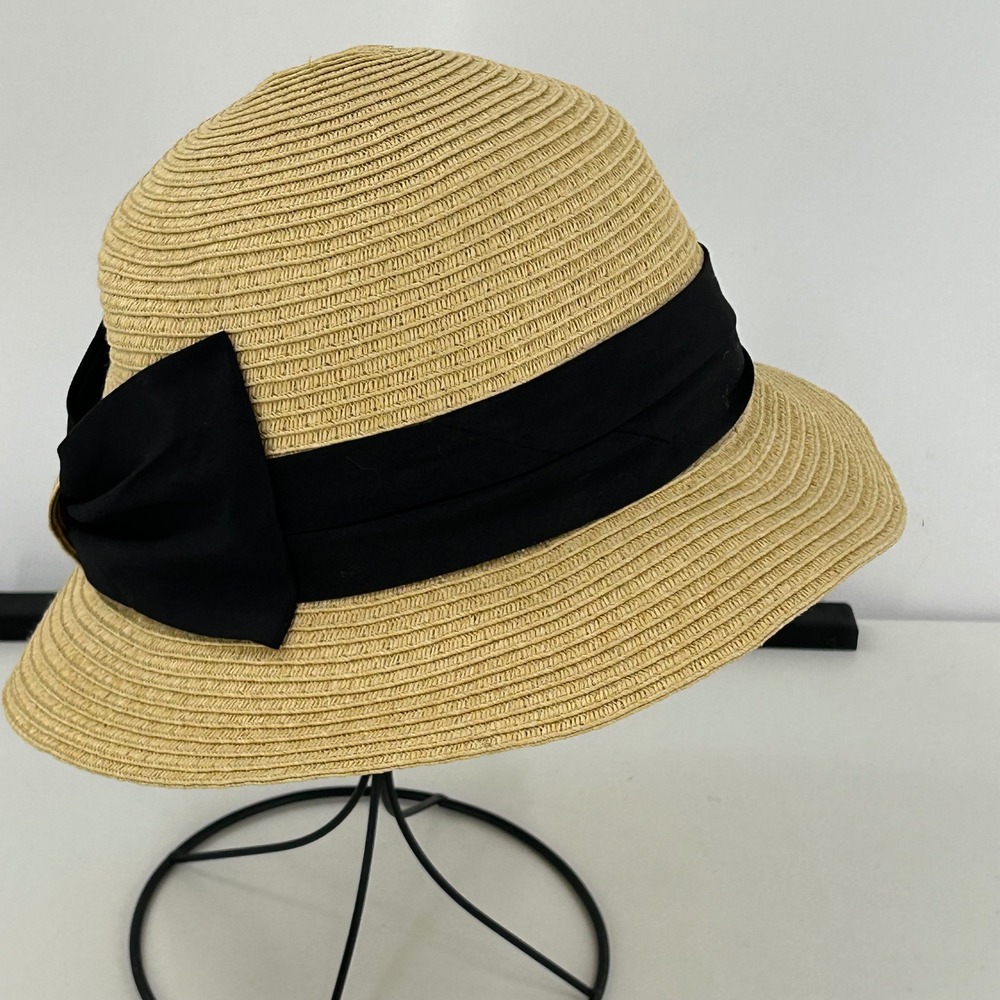 David and Young Packable Straw Cloche Hat Tan Black Bow Sun Hat ABU7108 OS